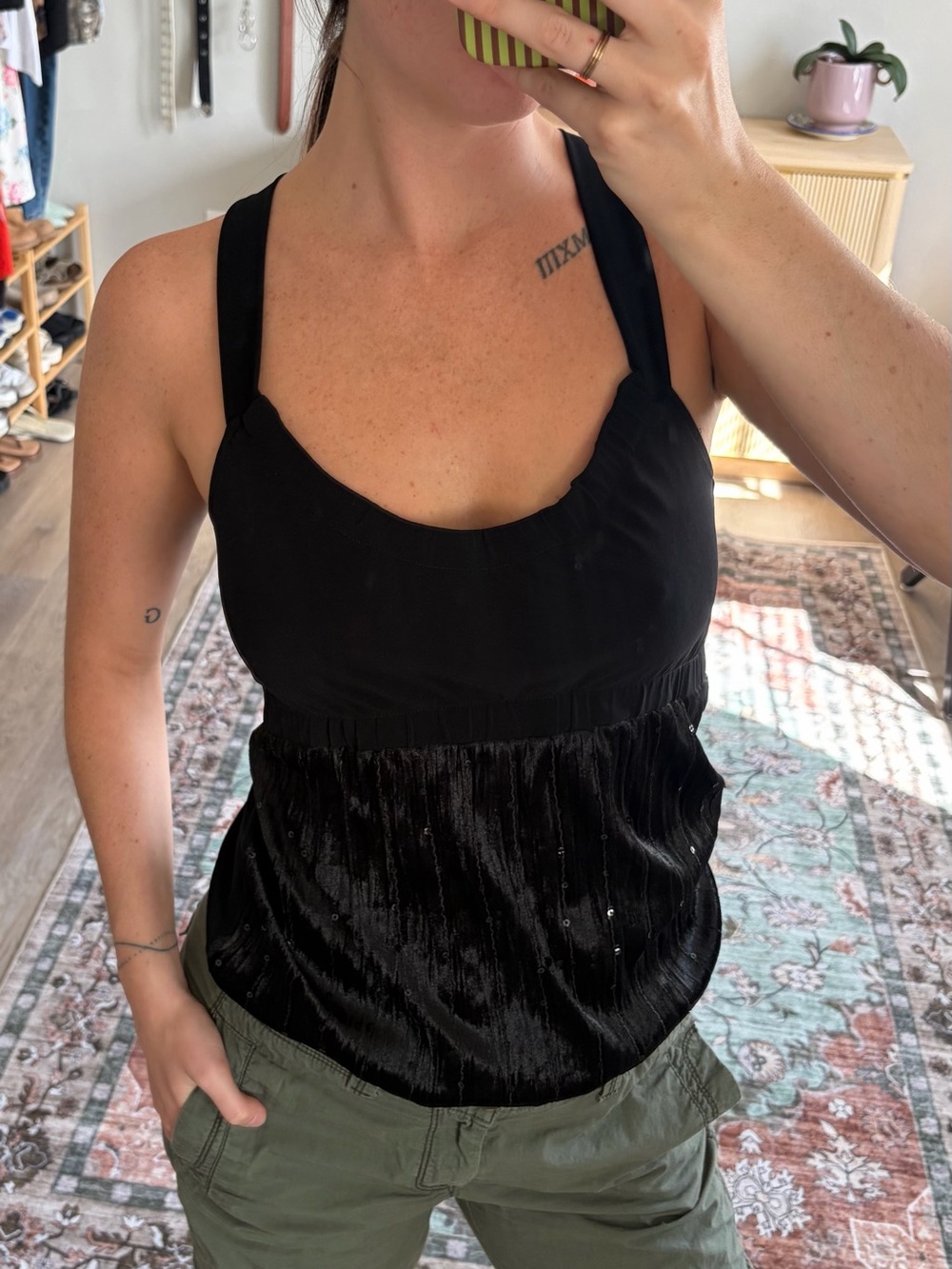 Sarah Bustani Black Velvet Sequin Racerback Y2K Tank Top